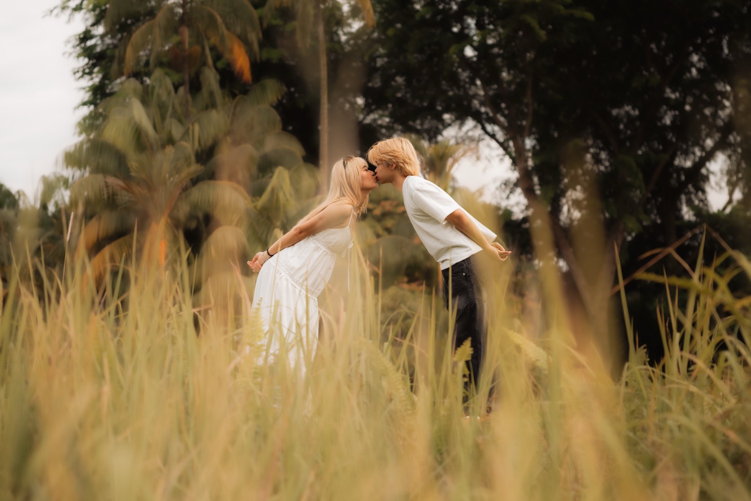 A couple lean into a kiss in tall golden grass at the end of the day.